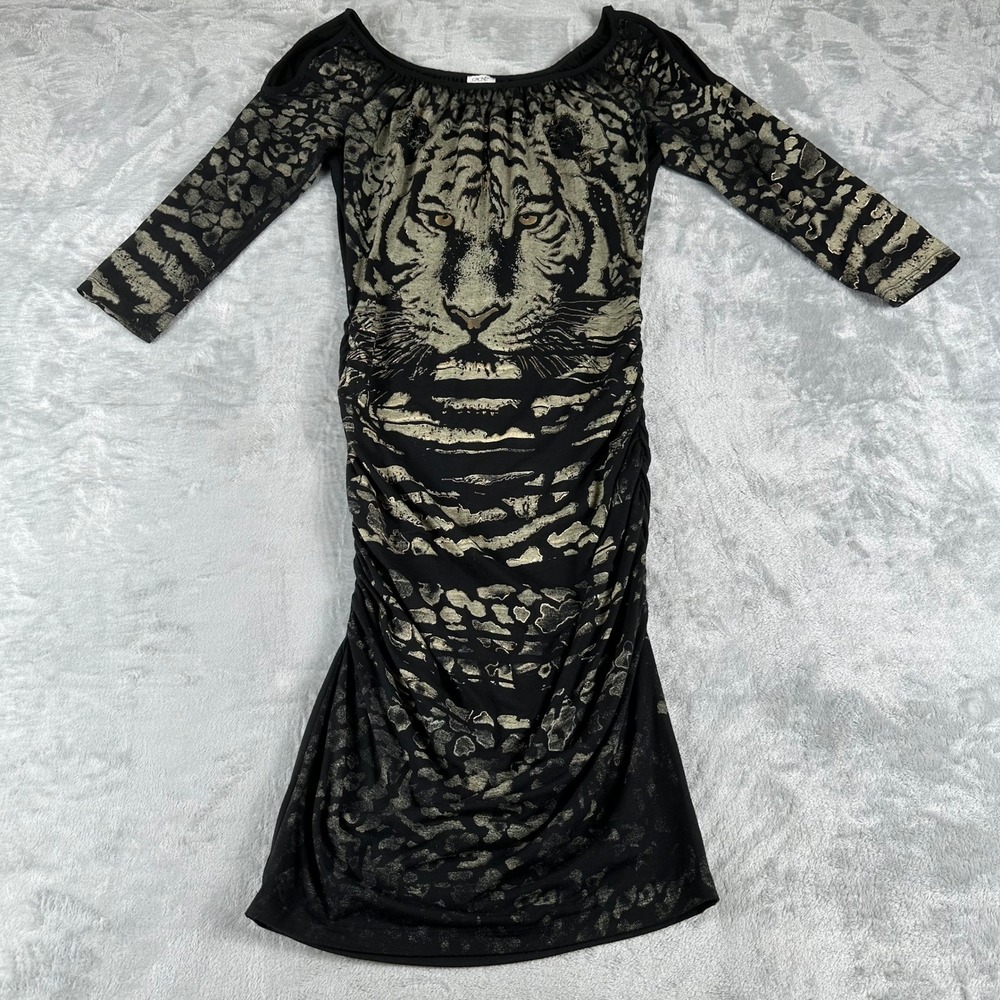 Cache VTG Bodycon Dress Women Small Black Gold Tiger Animal Print Metallic Y2K